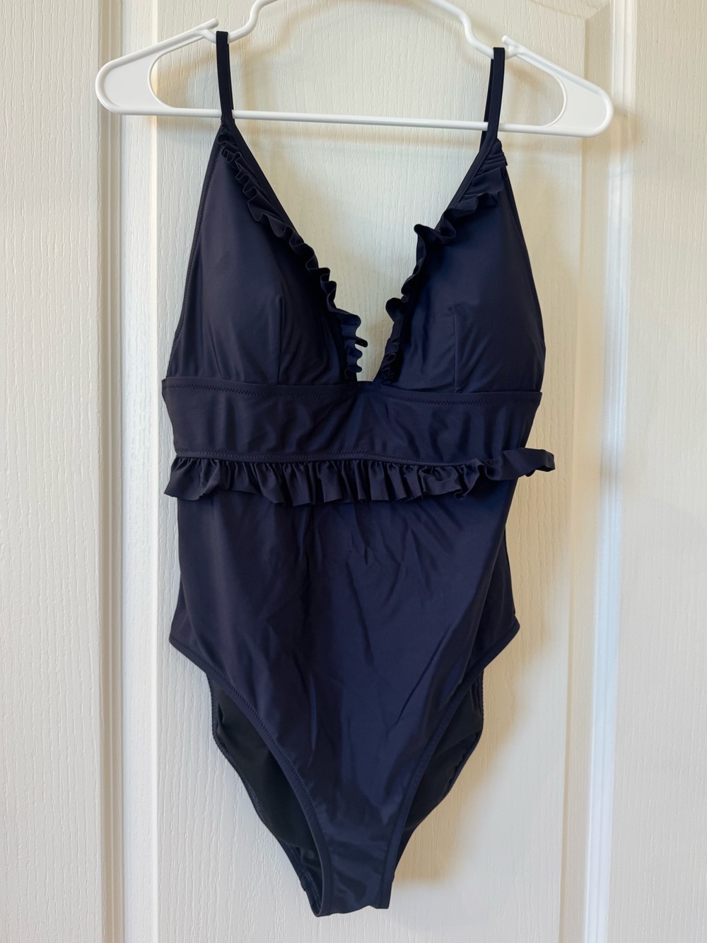 J.Crew Ruffle Plunge One Piece Swimsuit Navy Blue Size 10 Re-Imagined V-Neck